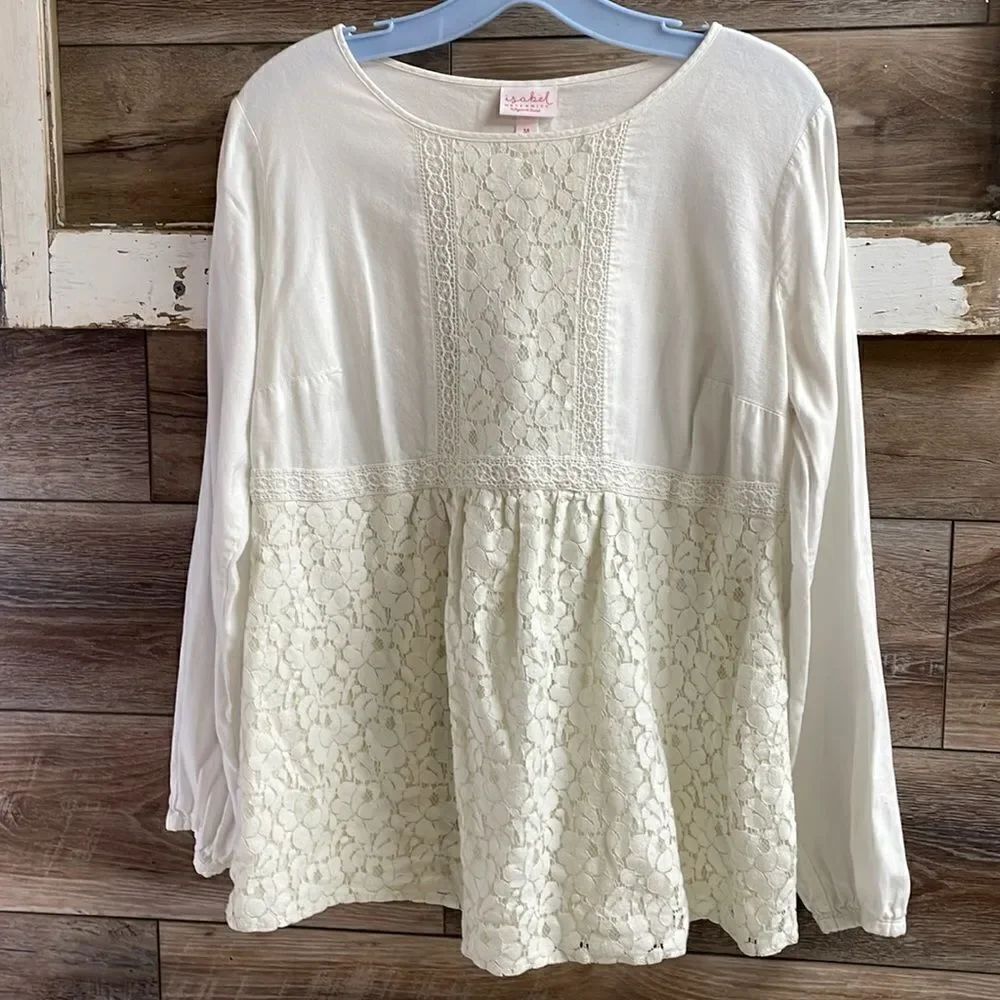 Isabel Maternity White Cream Long Sleeve Lace Babydoll Shirt Top Blouse  Medium